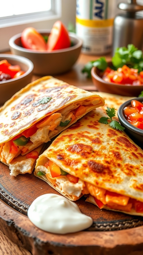 Golden brown salmon quesadilla filled with cheese and bell peppers, served with sour cream and salsa.